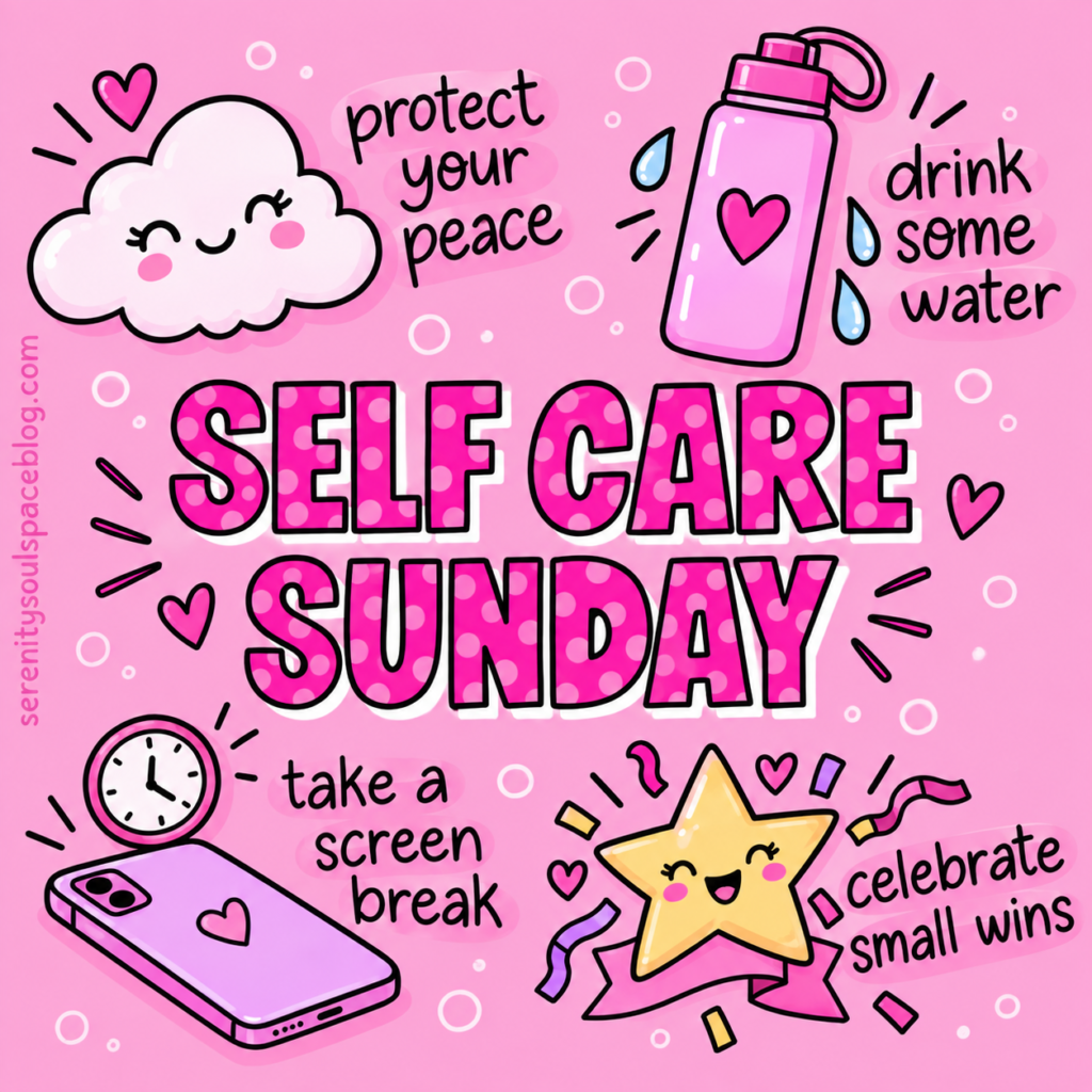 Square pink “Self Care Sunday” graphic featuring playful doodles and four tips: protect your peace, drink some water, take a screen break, and celebrate small wins.