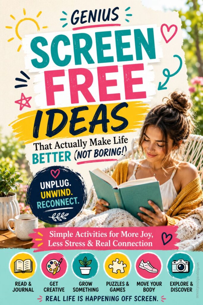 Bright, colorful Pinterest pin featuring a woman relaxing in a hammock reading a book outdoors with bold text that says “Genius Screen Free Ideas That Actually Make Life Better.” The design includes playful summer doodles, colorful icons for hobbies like reading, puzzles, movement, creativity, and photography, with vibrant pink, yellow, teal, and navy accents.