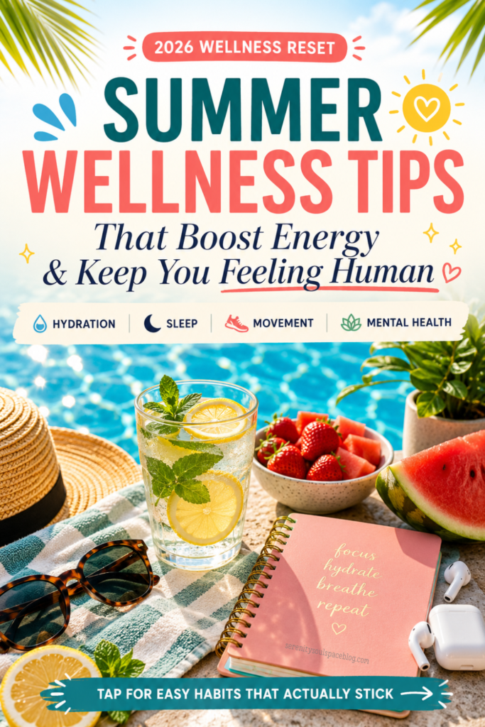 Bright summer wellness Pinterest pin featuring a poolside scene with lemon mint water, strawberries, watermelon, sunglasses, earbuds, and a journal beside sparkling blue water. Large text reads “Summer Wellness Tips That Boost Energy & Keep You Feeling Human” with wellness categories including hydration, sleep, movement, and mental health.