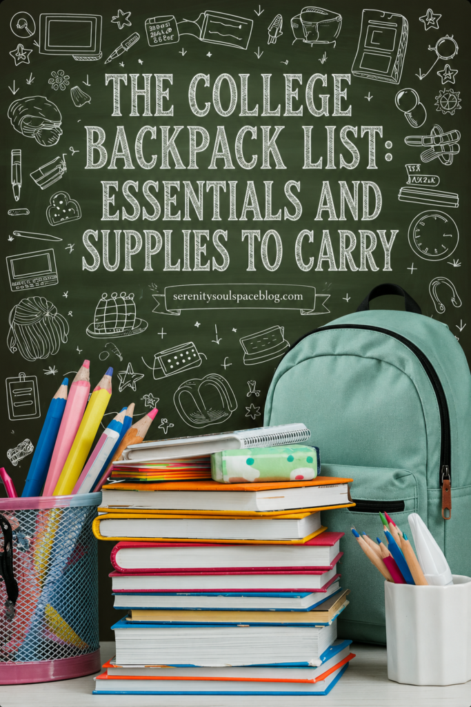 Pinterest pin featuring a chalkboard-style background with white school doodles and the title, “The College Backpack List: Essentials and Supplies to Carry,” in large chalk lettering. Below are colorful stacked textbooks, notebooks, pencils, and a mint green backpack