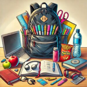 best backpacks for college students - a cartoon collage of a backpack surrounded and packed with all types of supplies and snacks from a laptop to a bottle of water
