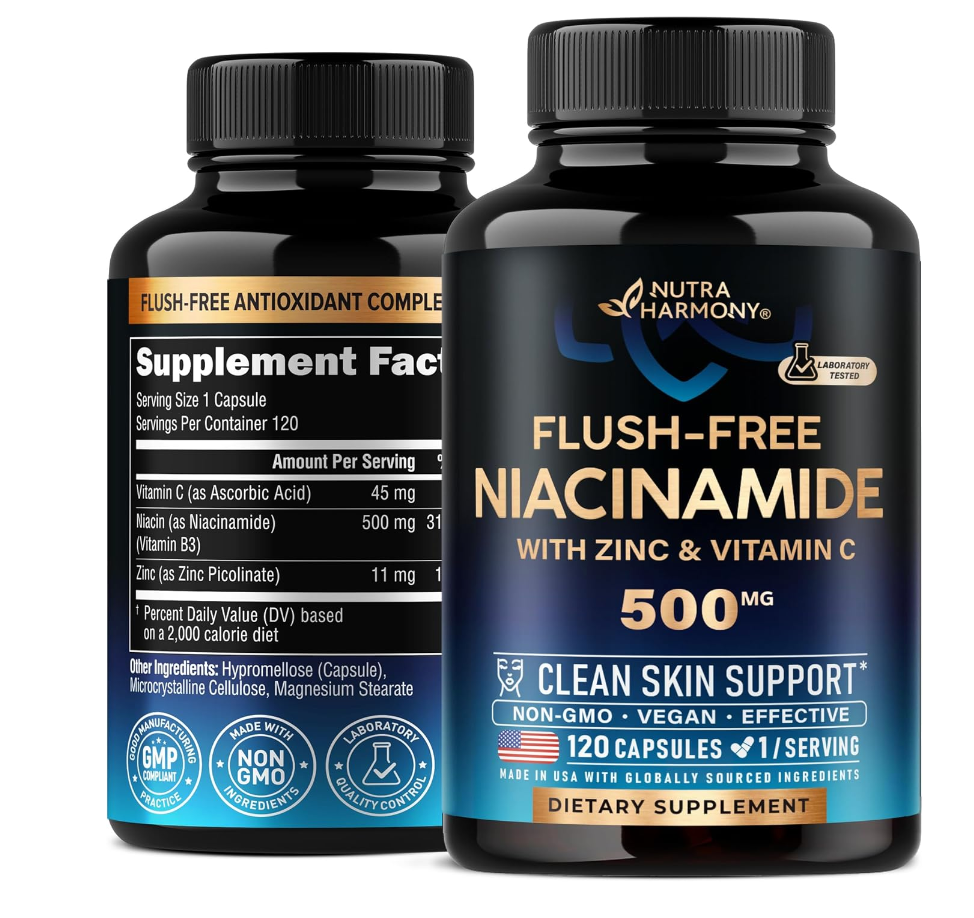 a front and back image of a bottle of Niacinamide 500 mg - Vitamin B3 Flush-free Form Niacinamide Supplement