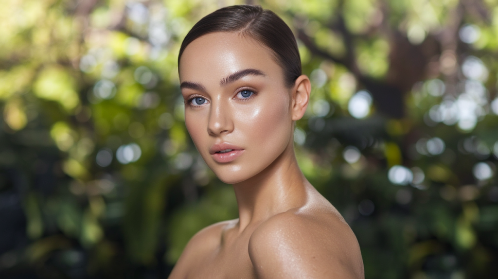 Outdoor portrait of a woman with smooth, glowing skin and natural makeup, her hair pulled back, looking toward the camera with a soft, neutral expression against a blurred green foliage background.