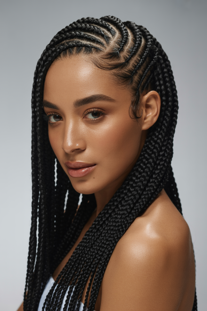 Studio portrait of a woman with long, neatly styled cornrow braids, smooth glowing skin, and natural makeup, looking confidently at the camera against a soft gray background.