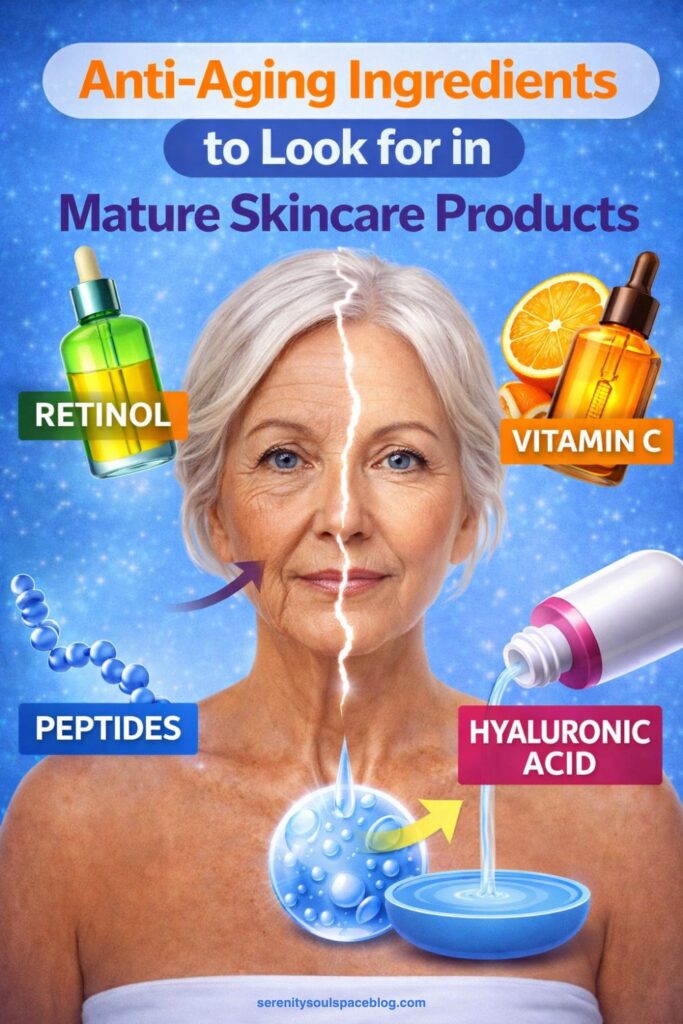 Pinterest-style infographic with a blue gradient background featuring an older woman’s face split to show aging and smoother skin, surrounded by skincare ingredients like retinol, vitamin C, peptides, and hyaluronic acid, with the title “Anti-Aging Ingredients to Look for in Mature Skincare Products.”