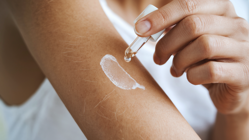 A close-up image of a person's forearm with a small area marked and a drop of skincare product being applied, illustrating the patch testing process.