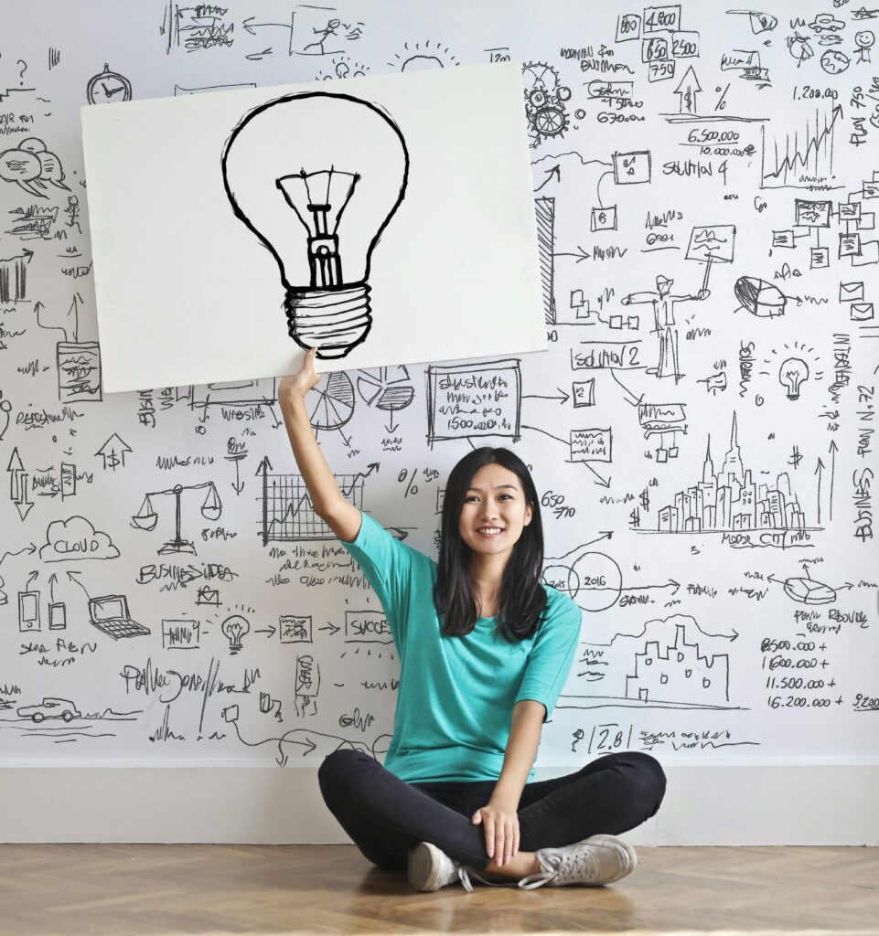 an image of a young lady sitting on the floor in front of a wall with all sorts of brainstorming marks all on the wall. She is also holding a poster of a light bulb that represents "ideas," "brainstorming."