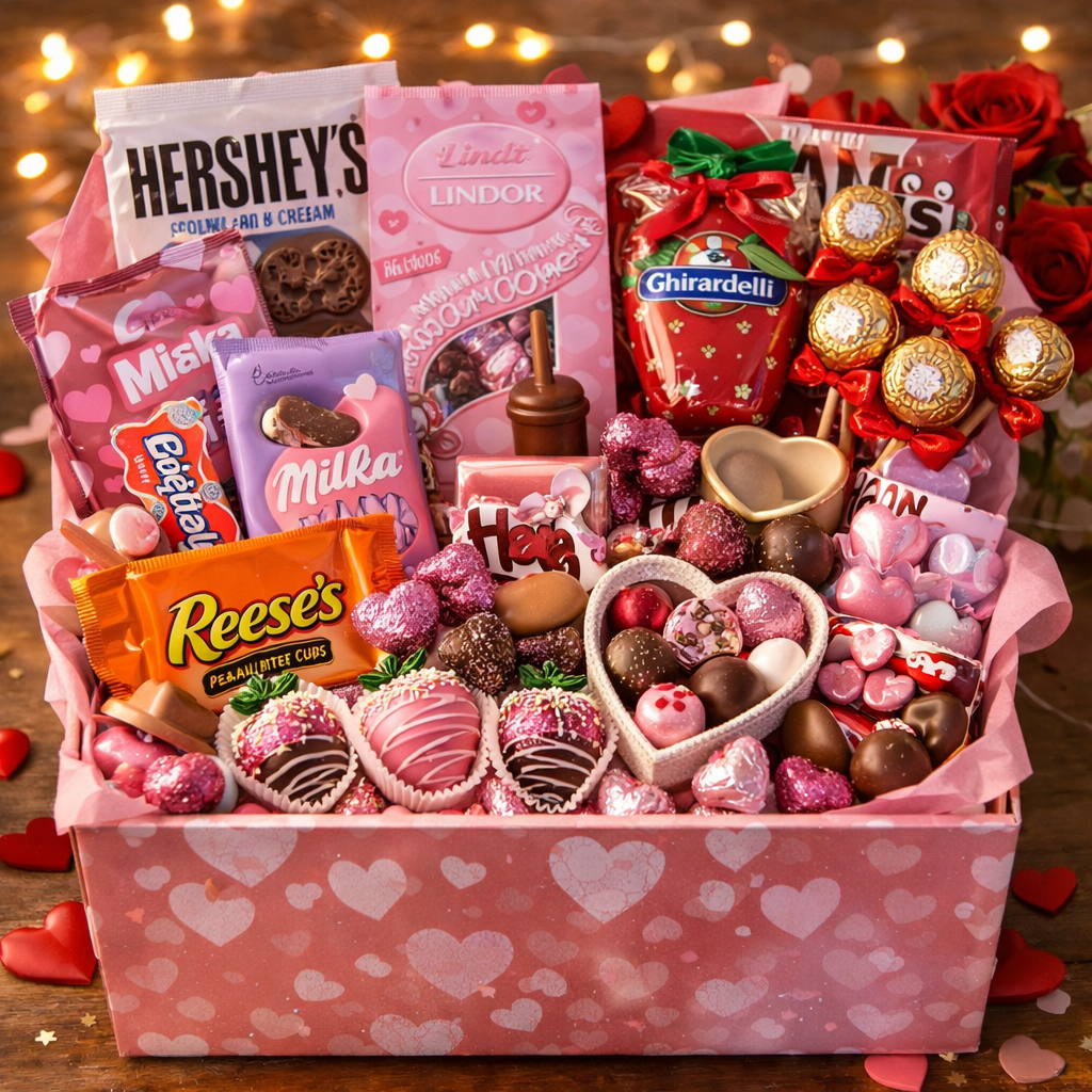 Valentine’s Day candy gift box packed with gourmet chocolates, truffles, chocolate covered strawberries, and assorted candy bars arranged in a pink heart themed box with romantic lighting and decorative roses.