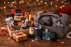 Valentine’s Day gift setup for men featuring a duffel bag, headphones, gourmet snacks, grilling tools, cologne, a smartwatch, a stainless steel tumbler, and a bottle of whiskey arranged on a rustic table with warm lighting and red roses.