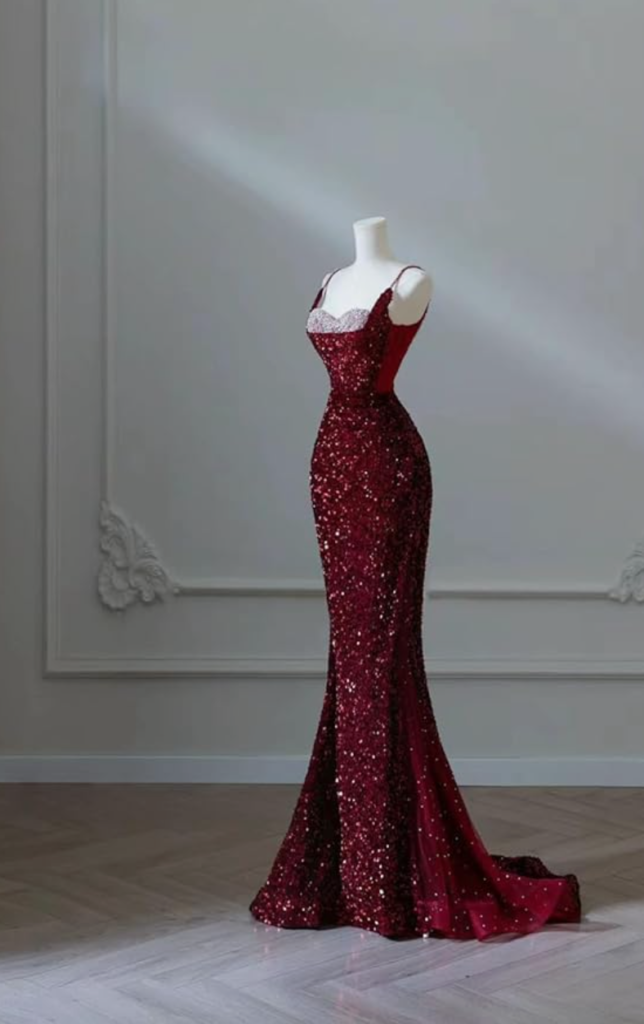 on a mannequin is a Sequin Mermaid Prom Dresses for Women Sparkly Spaghetti Strap Beaded Sweetheart Slit Long Evening Party Gown