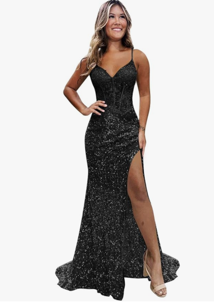 a woman models a black Mermaid Prom Dresses for Women with Slit Sparkly Sequins V Neck Long Corset Formal Evening Party Gown