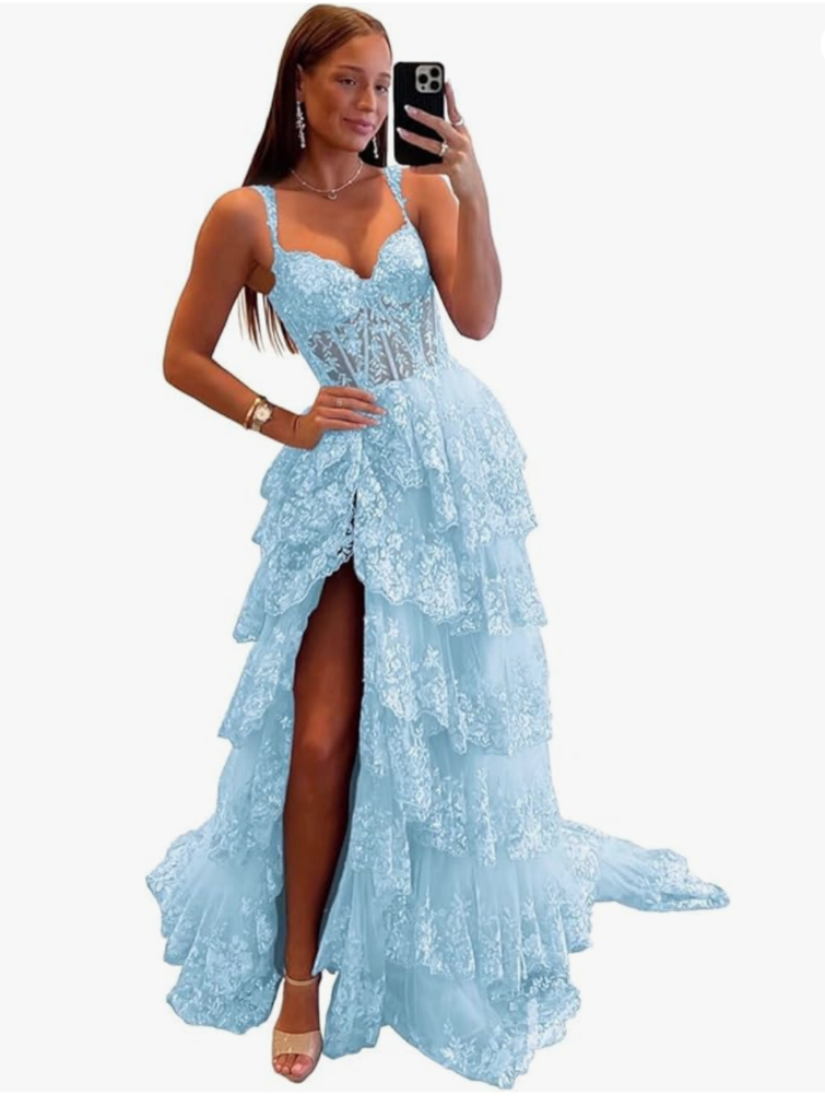 a woman models a Sparkly Tiered Lace Tulle Prom Dresses Long Spaghetti Straps Formal Evening Party Gown