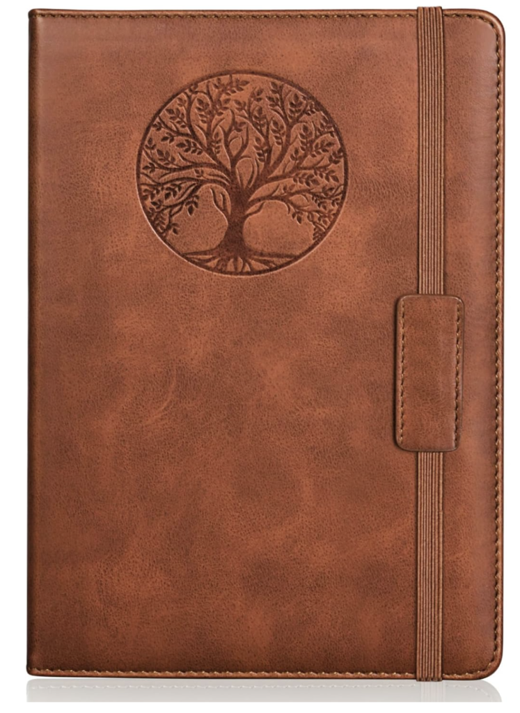 Biuwory A5 hardcover leather lined journal notebook with embossed tree of life design and elastic strap, suitable for writing, travel, work, and school.