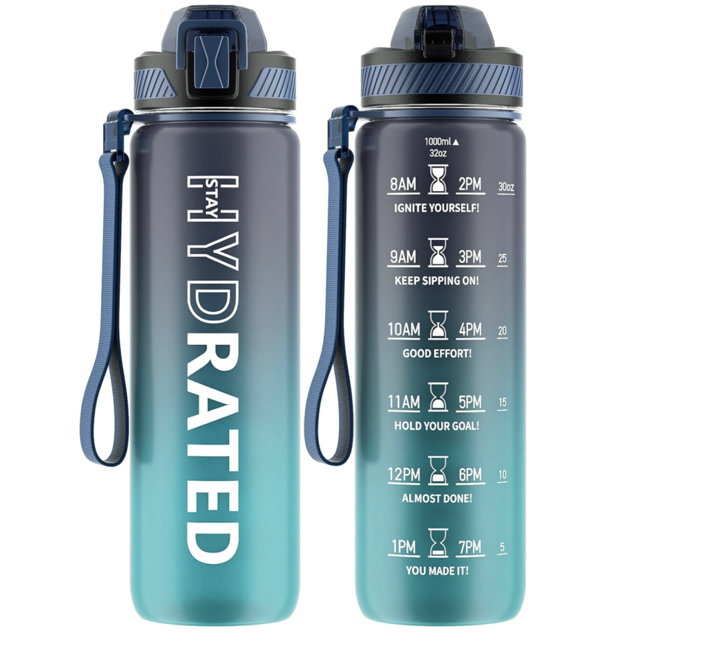 32oz BPA free Tritan motivational water bottle with straw and time markers, leakproof sports bottle with carry strap for gym, fitness, and outdoor use.