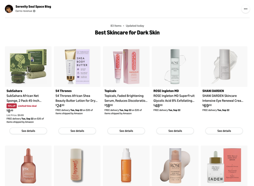 Screenshot of the Serenity Soul Space Blog Amazon storefront featuring skincare products for dark skin, including body butter, brightening serums, exfoliating toner, eye cream, and dark spot treatments.