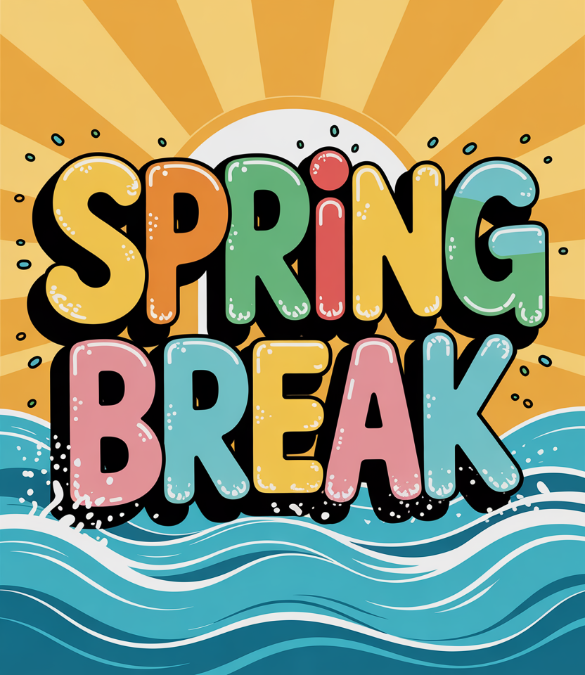 Colorful and playful "Spring Break" graphic with bold, bubbly letters in yellow, green, red, pink, and blue. The background features a stylized sunburst sky and ocean waves, creating a fun and vibrant spring break aesthetic.