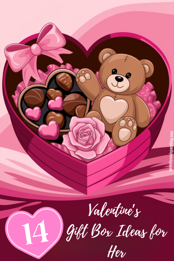 cartoon image Pinterest pin for the main article titled, "14 Valentine's Gift Box Ideas for Her"