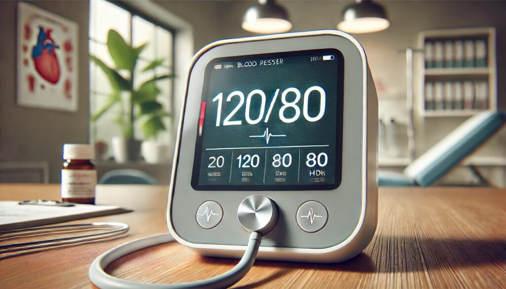 a digital blood pressure reading shows 120/80