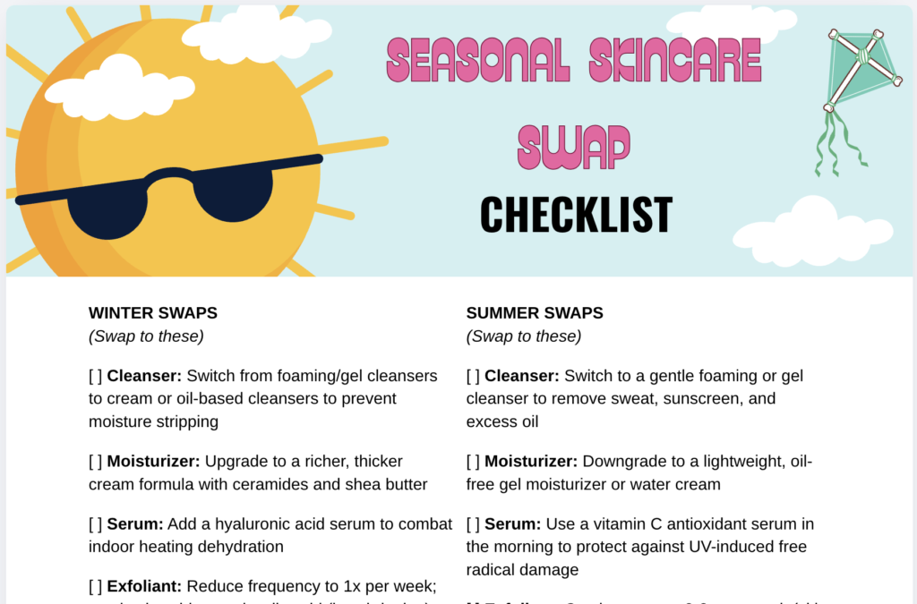 Infographic titled “Seasonal Skincare Swap Checklist” comparing winter and summer skincare routine swaps, including cleanser, moisturizer, serum, and exfoliant adjustments for different seasons.