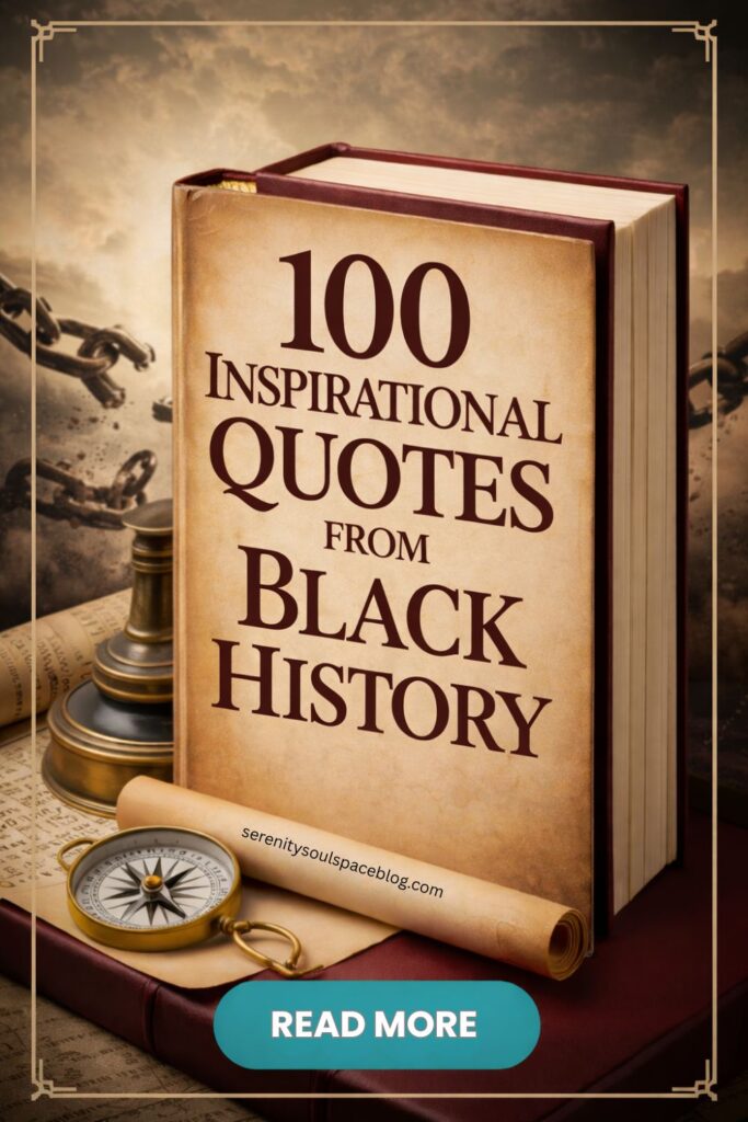 Vintage-style Pinterest pin featuring a hardcover book titled “100 Inspirational Quotes from Black History,” surrounded by a brass compass, rolled parchment, and broken chains symbolizing freedom and resilience, set against a warm, historic background.