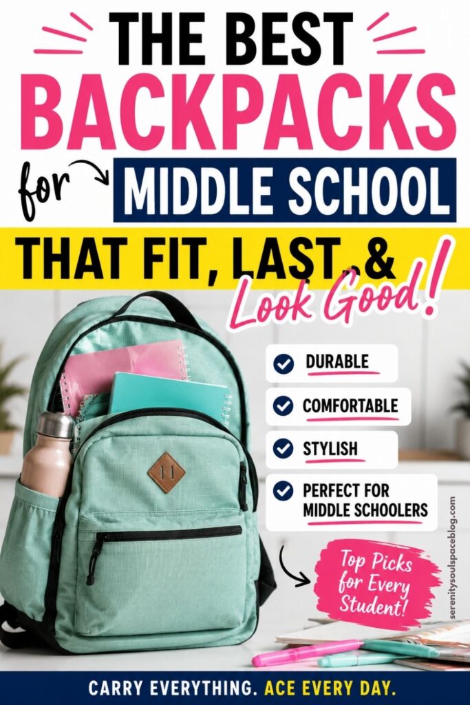 Pinterest graphic promoting the best backpacks for middle school. The image features a mint green backpack filled with notebooks, a tablet, and a water bottle alongside school supplies. Bold text reads, "The Best Backpacks for Middle School That Fit, Last & Look Good!" with highlights for durability, comfort, style, and top picks for every student.