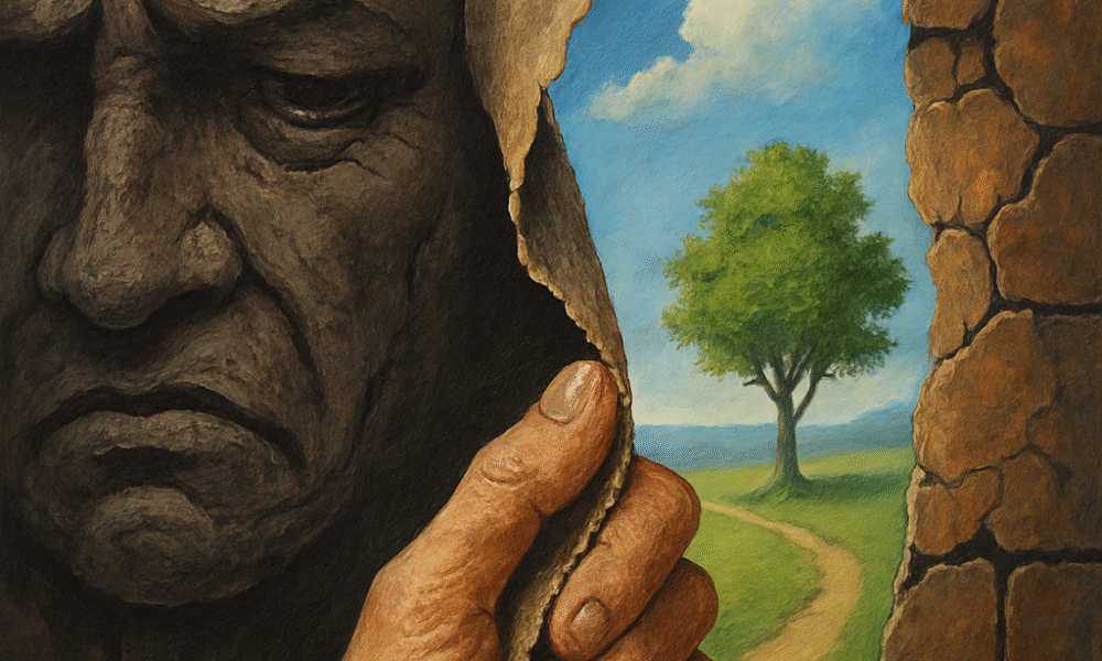 life and chance quotes - an AI generated image of a stressed face with a hand peeling back layers that lead to outdoors. a tree a blue sky are in the background