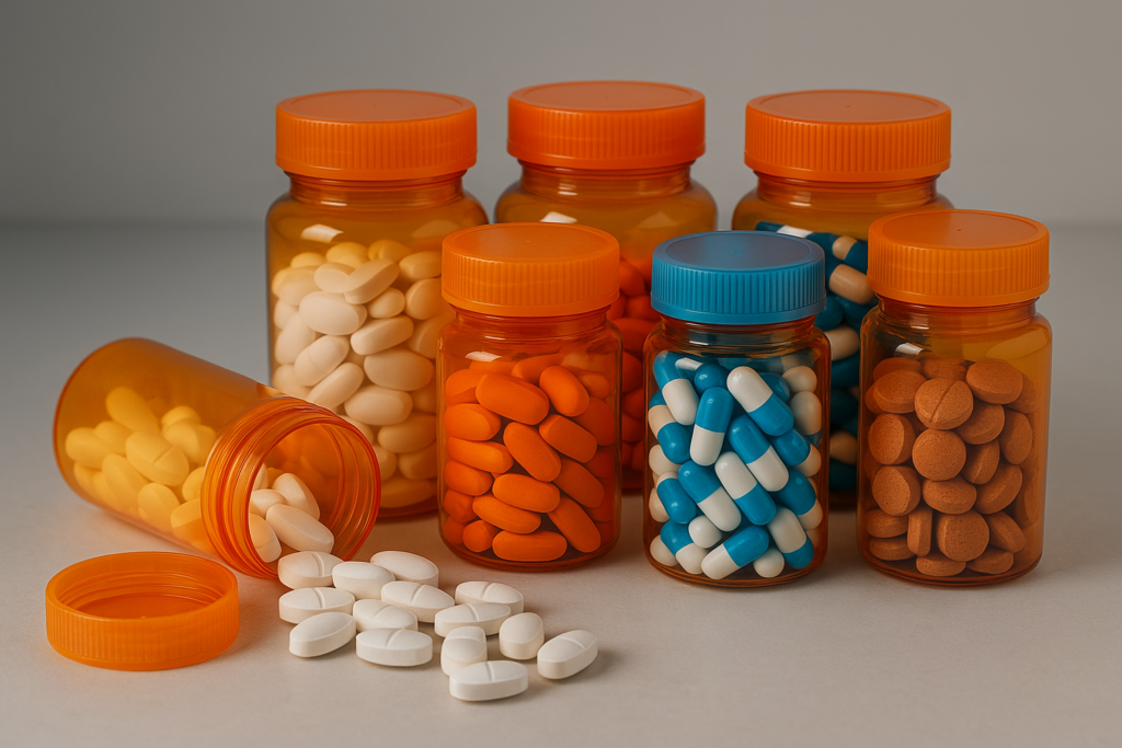 Effects of Long-Term Untreated High Blood Pressure - 7 medication bottles are in this image. They are full of pills. 1 pill bottle has toppled over showing all white pills