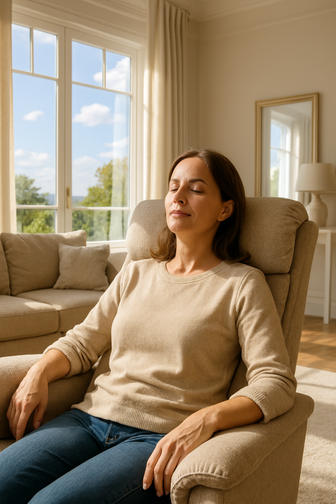 a woman sitting in her lazy boy chair with her eyes closed and breathing calmly. Sunlight is coming through her bright room. It is daylight outside. Beautiful skies, the sun is shining. The woman's living room is white and beige. The room is extravagant.