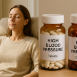 Blue Heron Program vs Medication Effectiveness - a split image of a woman meditating peacefully in a chair in her living room vs the other side of the image that shows to pill bottles full of high blood pressure medications