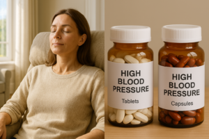 Blue Heron Program vs Medication Effectiveness - a split image of a woman meditating peacefully in a chair in her living room vs the other side of the image that shows to pill bottles full of high blood pressure medications