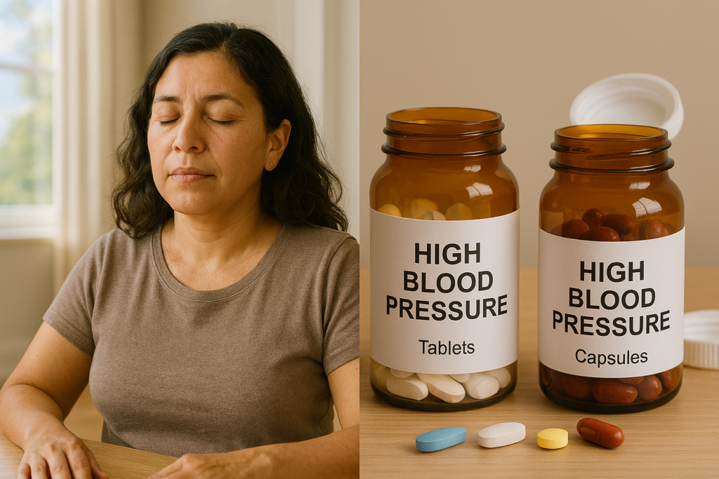 Blue Heron Program vs medication effectiveness - a split screen of a woman with her eyes closed doing breathing exercises with her eyes closed; the other half of the screen contains 2 bottles of HB pressure pills with 4 different colored pills outside of the bottle