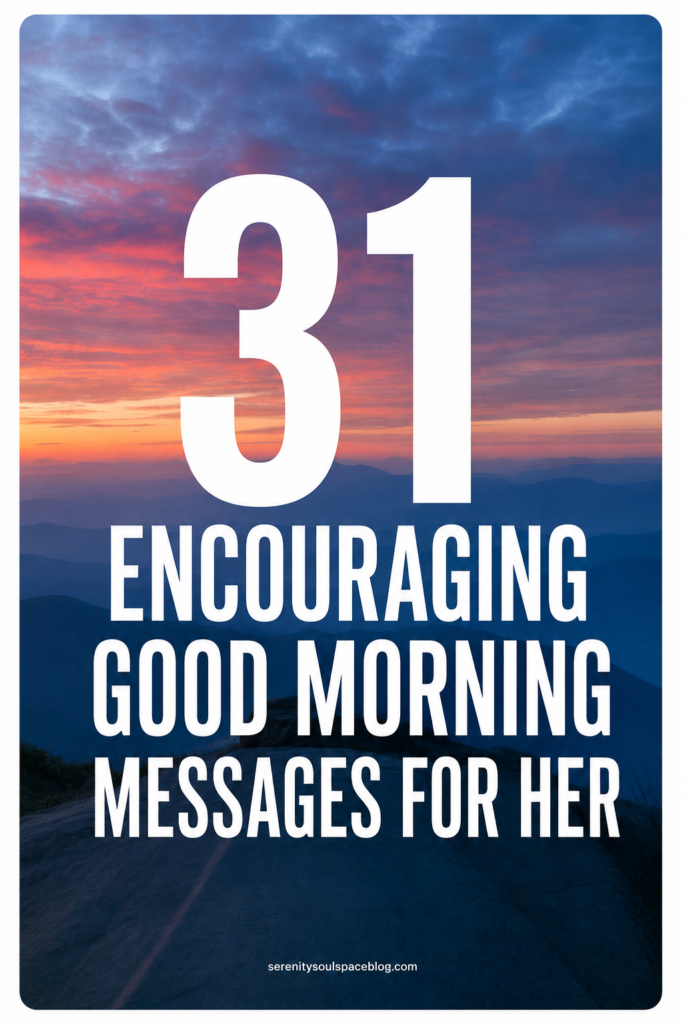 Pinterest pin featuring a colorful sunrise over layered blue mountains and a winding road, with bold white text reading “31 Encouraging Good Morning Messages for Her."