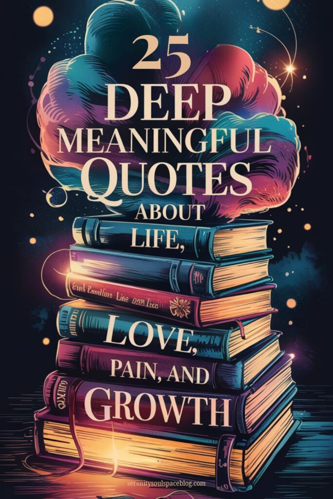 Illustrated Pinterest graphic showing a colorful brain resting on a stack of books with the text “25 Deep Meaningful Quotes About Life, Love, Pain, and Growth” on a dark cosmic-style background.