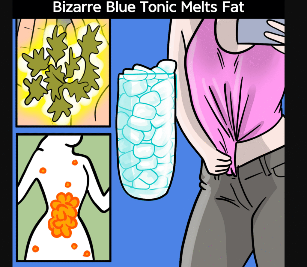 belly fat loss over 40 - a cartoon graphic of someone drinking a liquid that burns belly fat.