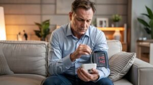 Christian Goodman's Blood Pressure Program - a photo of a middle aged man checking his blood pressure. His reading on the blood pressure monitor is high