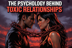 Illustrated man and woman facing each other in a dramatic, stormy setting with barbed wire wrapped around their necks, symbolizing emotional entanglement and toxic relationships. Bold text above reads The Psychology Behind Toxic Relationships.