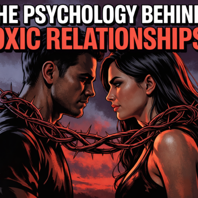 Illustrated man and woman facing each other in a dramatic, stormy setting with barbed wire wrapped around their necks, symbolizing emotional entanglement and toxic relationships. Bold text above reads The Psychology Behind Toxic Relationships.