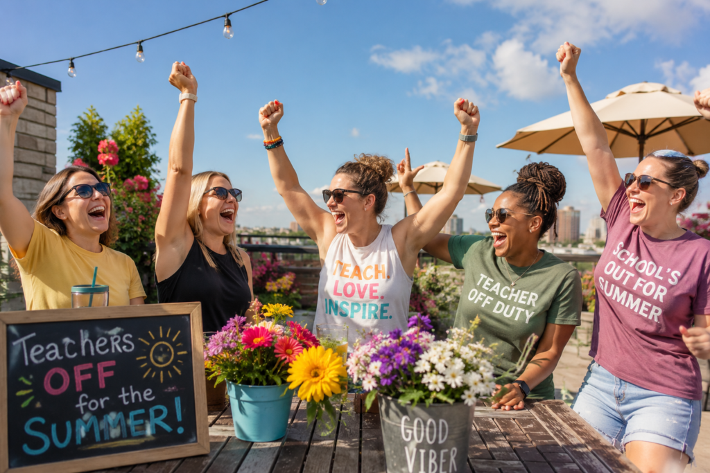 Happy teachers celebrating summer break on a sunny rooftop patio with raised fists, big smiles, colorful flowers, string lights, and bright blue skies, creating a joyful “school’s out for summer” vibe.