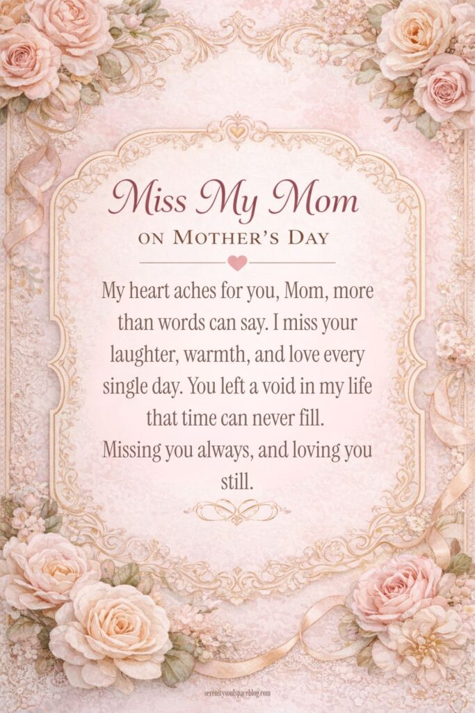 Ornate floral Mother’s Day card in soft pink tones with roses and gold accents, featuring elegant text that reads “Miss My Mom on Mother’s Day” and a heartfelt poem honoring a mother who has passed away.