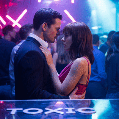 why toxic relationships are addictive - a couple involved in a toxic relationship on the dancefloor of a night club. They look like they are getting along or are in love but to the naked eye (those of us on the outside looking in) inside there's toxic drama