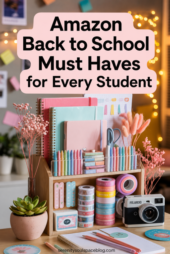 Pinterest pin featuring a pastel aesthetic desk setup with organized school supplies, including colorful notebooks, pens, markers, washi tape, scissors, sticky notes, a planner, and a wooden desktop organizer. The text overlay reads "Amazon Back to School Must Haves for Every Student." Warm string lights, pink dried flowers, a succulent, and a vintage-style instant camera create a cozy study space.