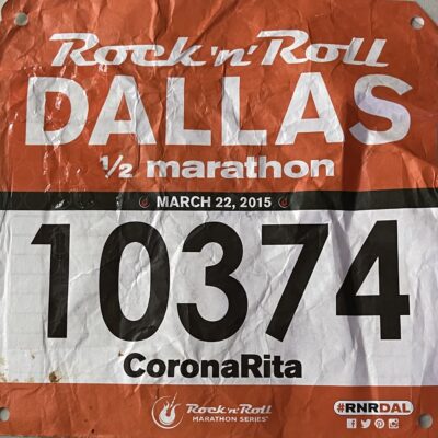 30 day blog challenge - my actual 2015 Dallas Rock 'n' Roll race bib with my number on it