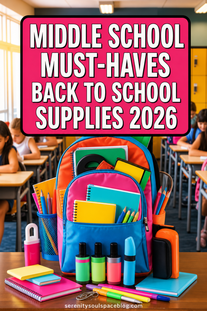 Pinterest pin featuring a colorful backpack filled with notebooks, pencils, and school supplies on a classroom desk. A bold pink header with a black border reads, "Middle School Must-Haves Back to School Supplies 2026." Students are seated in the background.