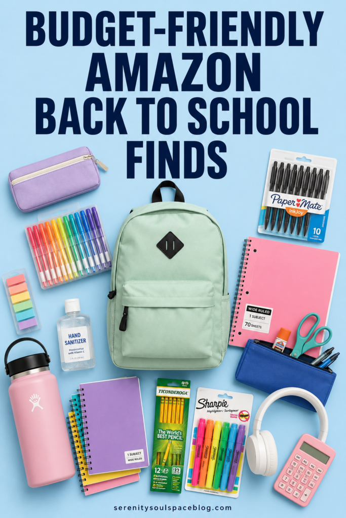 Pinterest pin featuring budget-friendly back to school finds with a pastel blue background, a lavender backpack, notebooks, pens, highlighters, sticky notes, headphones, calculator, water bottle, pencil case, colored pencils, hand sanitizer, and other school supplies. Bold title reads, "Budget-Friendly Amazon Back to School Finds."