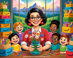 Colorful cartoon-style classroom illustration featuring a smiling teacher wearing reading glasses and holding a jar of fresh flowers while six happy students gather around. Stacks of school supply boxes filled with pencils frame the scene, with a large window overlooking a scenic mountain landscape in the background.