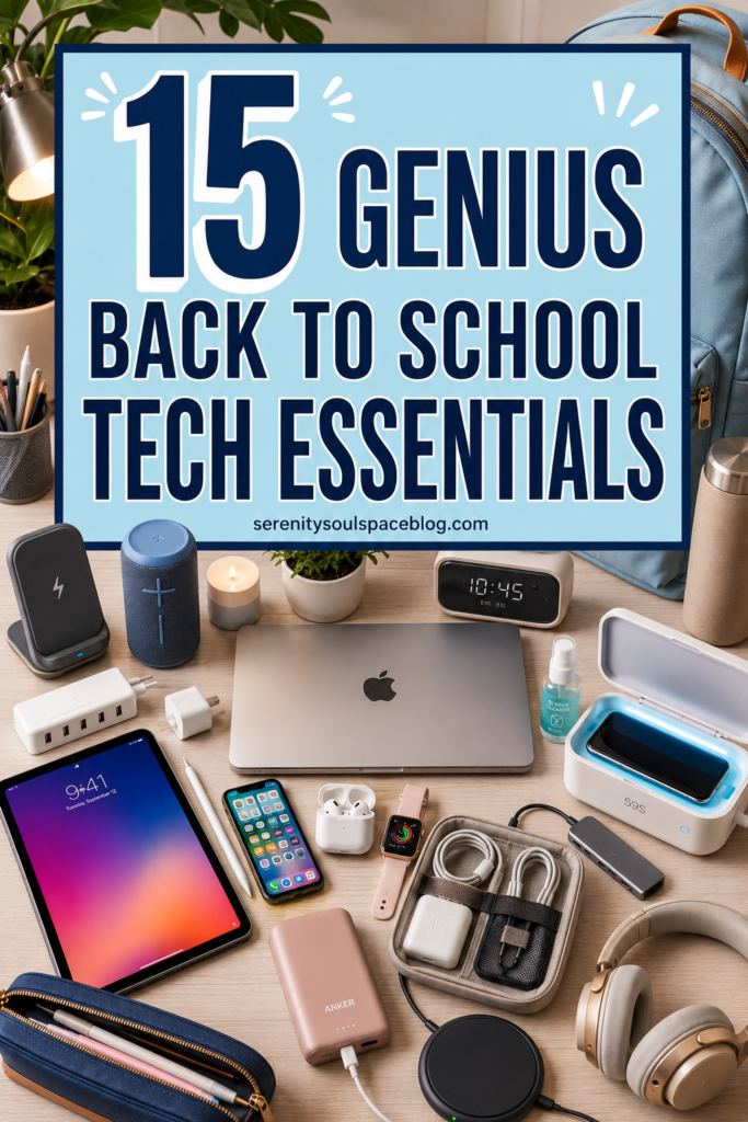 Pinterest pin titled "15 Genius Back to School Tech Essentials" featuring a large bold blue headline above a modern flat lay of student tech gadgets, including a laptop, tablet, portable charger, earbuds, wireless headphones, charging cables, Bluetooth speaker, phone sanitizer, smartwatch, wireless charger, USB hub, backpack, and school supplies on a light wood desk. The design has a clean, organized aesthetic