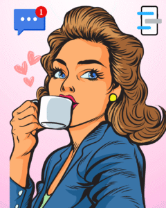 good morning texts- cartoon image of a woman drinking coffee surrounded by text bubbles and hearts