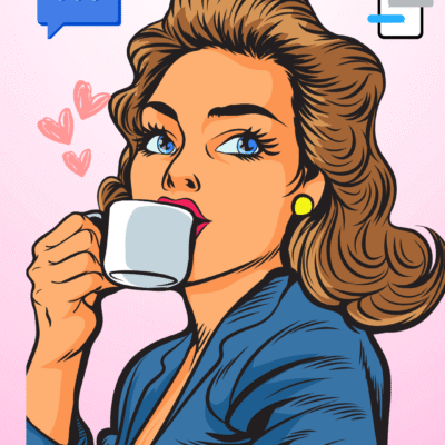 good morning texts- cartoon image of a woman drinking coffee surrounded by text bubbles and hearts