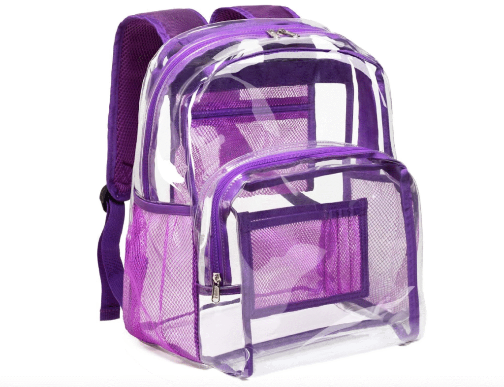 back to school - a clear (transparent) backpack with purple trim