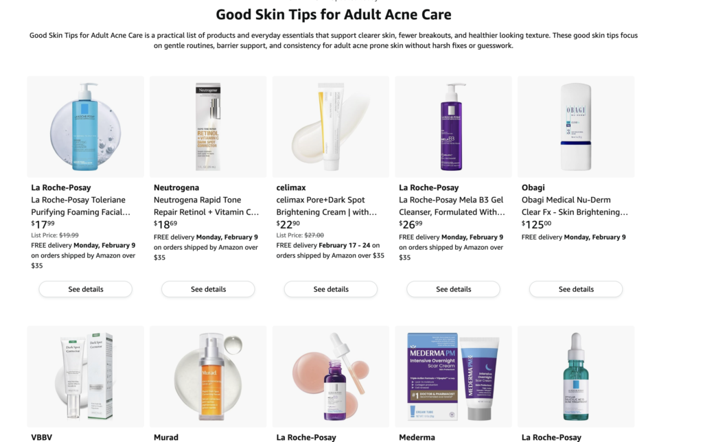 Skincare product grid featuring adult acne cleansers, retinol treatment, dark spot correctors, scar cream, and salicylic acid acne serum for acne-prone skin.